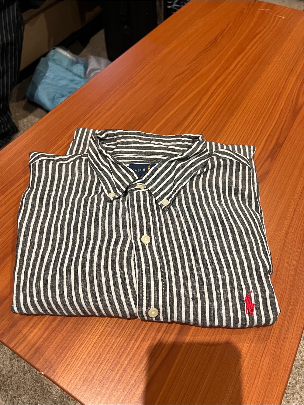 Ralph Lauren Men’s Black & White Vertical Stripe Button-Down Shirt with Red Pony